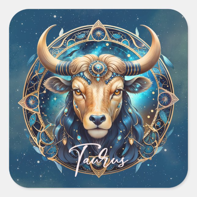 Pegatina Cuadrada Elegante y cósmico Rótulo Zodiaco Bull Tauro de or (Anverso)