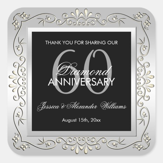 Pegatina Cuadrada Elegante y decorativo Aniversario Boda de Plata 60 (Anverso)