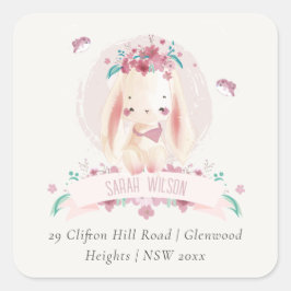 Pegatina Cuadrada Elegante y elegante conejo floral rosa y dirección