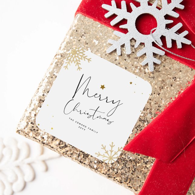 Pegatina Cuadrada Elegante y elegante copo de nieve Feliz Navidad (Subido por el creador)