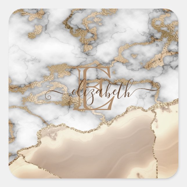 Pegatina Cuadrada Elegante y elegante Purpurina dorado Cream Marble  (Anverso)