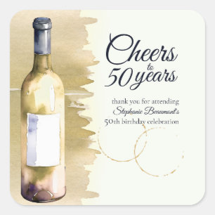 Pegatina Cuadrada Elegante y moderno Saludo Vino Blanco 50 cumpleaño