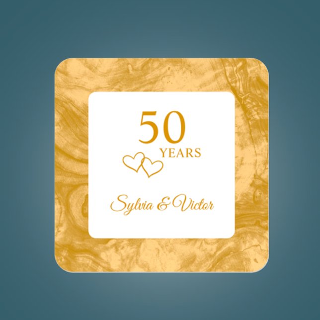 Pegatina Cuadrada Elegante y personalizado 50 años de la Madera Dora (Custom text golden 50th wedding anniversary sticker. Add couples names to personalize



)