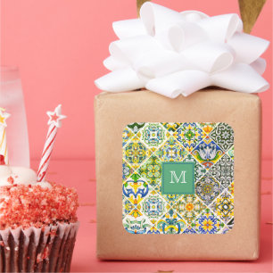 Pegatina Cuadrada Elegantes azulejos verdes sicilianos mediterráneos