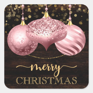 Pegatina Cuadrada Elegantes Bolas Rosa Claro Feliz Navidad