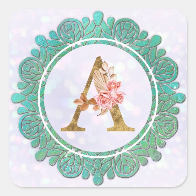 Pegatina Cuadrada Elegantes cartas iniciales en monograma con Mandal (Anverso)