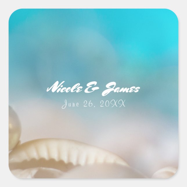 Pegatina Cuadrada Elegantes conchas marinas Blue Tropical Beach Wedd (Anverso)