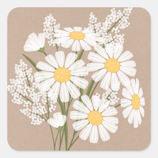 Pegatina Cuadrada Elegantes daisies blancos florales en Boda beige (Anverso)
