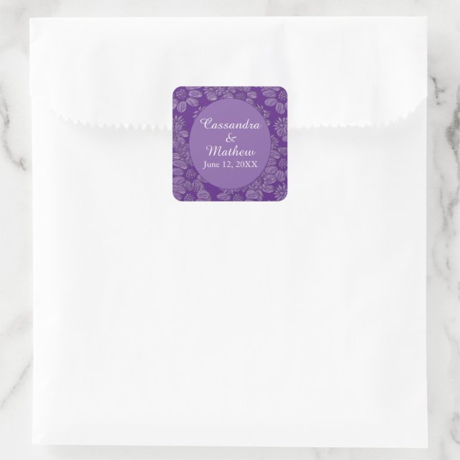 Pegatina Cuadrada Elegantes Daisies en Floral Royal Purple Boda (Bolso)