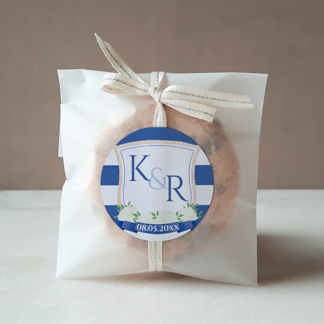 Pegatina Cuadrada Elegantes Favor de Boda con Cuerda de Barcos Náuti (Nautical Themed Wedding Crest featuring a rope outline. Shown here for wedding favors / welcome pack)