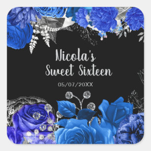 Pegatina Cuadrada Elegantes flores azules y plateadas Sweet Sixteen