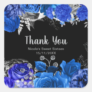 Pegatina Cuadrada Elegantes flores azules y plateadas Sweet Sixteen