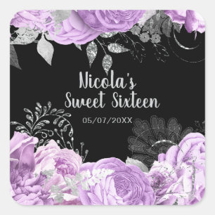 Pegatina Cuadrada Elegantes flores de lila y plata Sweet Sixteen