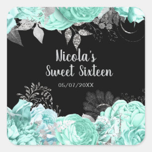 Pegatina Cuadrada Elegantes flores verdes y plateadas Sweet Sixteen