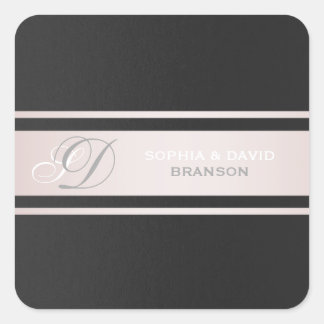 Pegatina Cuadrada Elegantes franjas rosadas Monograma texturado negr