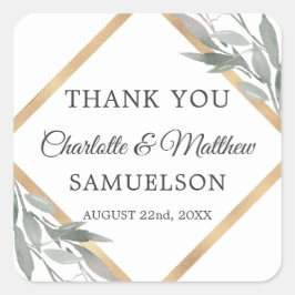 Pegatina Cuadrada Elegantes hojas botánicas Boda de oro gracias