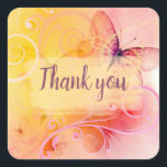 Pegatina Cuadrada Elegantes mariposas pasteles y nadadores Gracias<br><div class="desc">Un bonito diseño con mariposas y remolinos en un fondo de tonos pastel. Puede personalizar el diseño del producto cambiando el texto en el campo proporcionado. Puede cambiar el estilo,  el tamaño y el color del tipo de letra utilizando el botón Personalizar.</div>