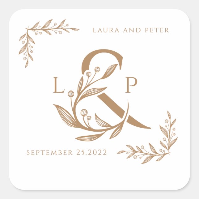 Pegatina Cuadrada Elegantes monogramas de boda con ampersand floral (Anverso)