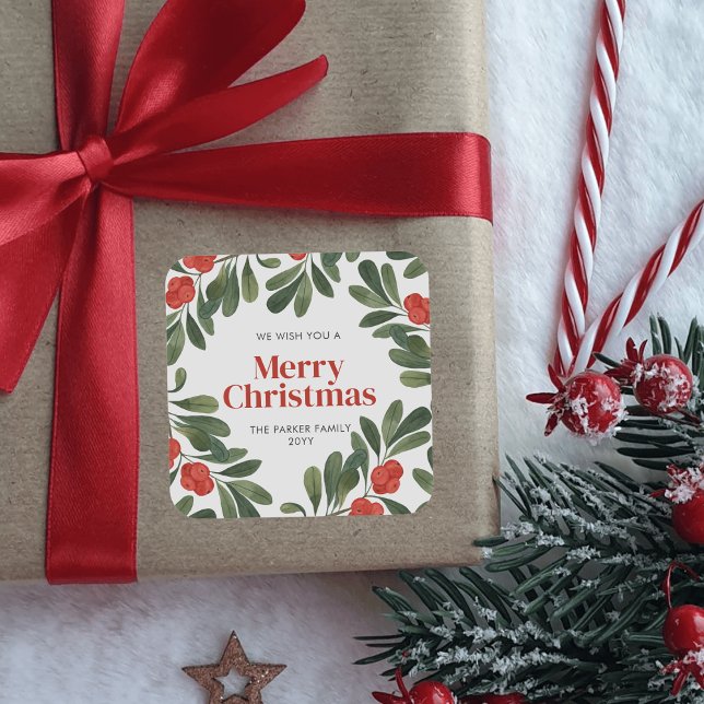 Pegatina Cuadrada Elegantes Navidades Acuarela Verdor Rojo Berries (Subido por el creador)