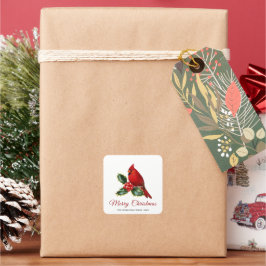 Pegatina Cuadrada Elegantes Navidades Cardenal Rojo Bird Holly