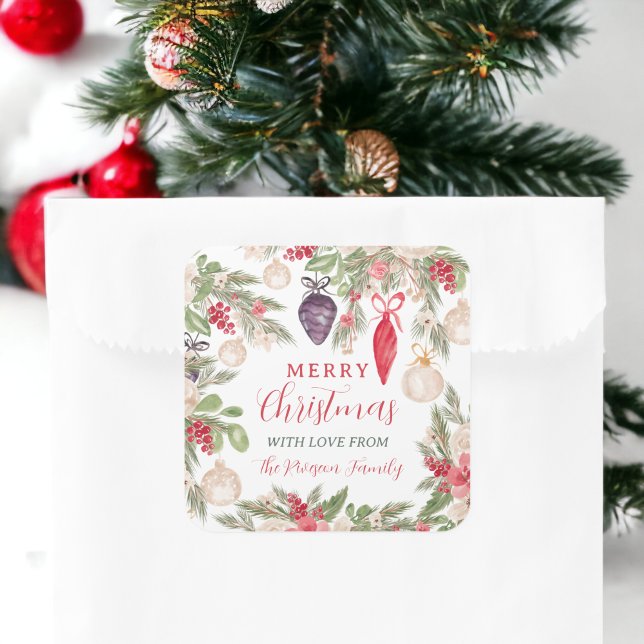Pegatina Cuadrada Elegantes Navidades de acuarela de pino de pino co (Elegant bauble pine floral watercolor Christmas Square Sticker)