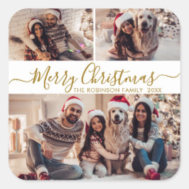 Pegatina Cuadrada Elegantes Navidades de Collage de fotos de oro bla