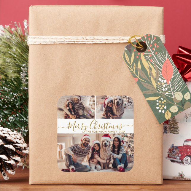 Pegatina Cuadrada Elegantes Navidades de Collage de fotos de oro bla (Vacaciones)