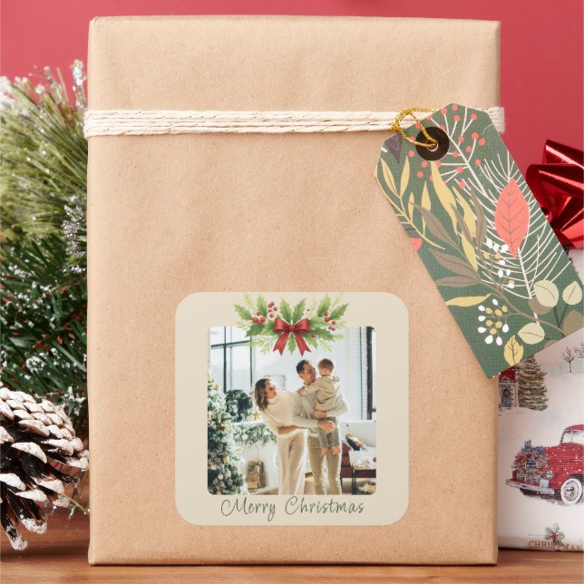 Pegatina Cuadrada Elegantes Navidades Holly y Red Bow - (Vacaciones)