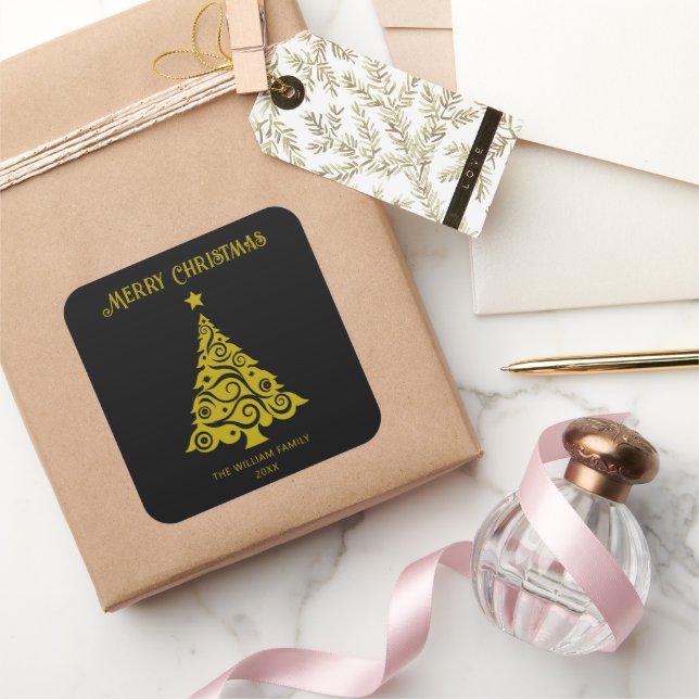 Pegatina Cuadrada Elegantes Pegatinas de Árbol de Navidad Feliz Negr (Regalar)