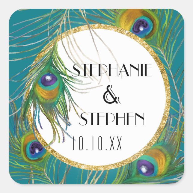 Pegatina Cuadrada Elegantes plumas de pavo real con Bodas Purpurinas (Anverso)