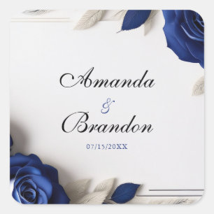 Pegatina Cuadrada Elegantes Rosas azules de la marina y Boda Purpuri