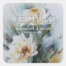 Pegatina Cuadrada Elegantes Rosas de acuarela Crema con verde sabio