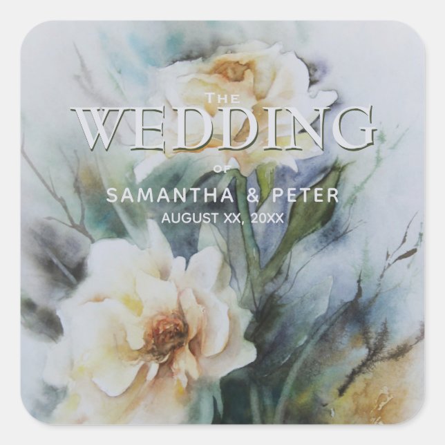 Pegatina Cuadrada Elegantes Rosas de acuarela Crema con verde sabio (Anverso)