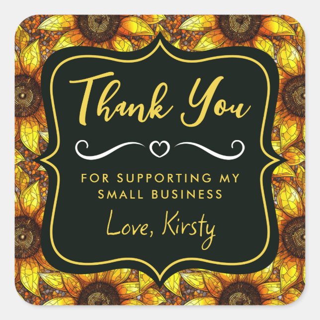 Pegatina Cuadrada Elegantes Sunflowers Vidrio Manchado Pequeña Empre (Anverso)