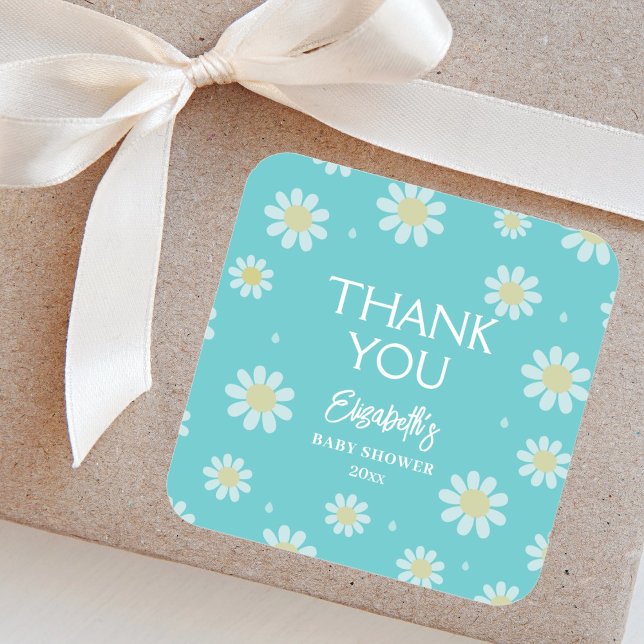 Pegatina Cuadrada Elegantes White Daisies Summer Baby Shower Gracias (Subido por el creador)