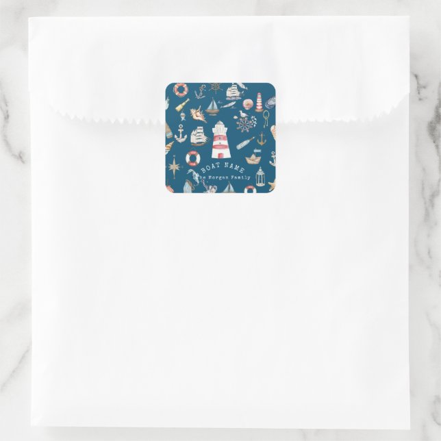 Pegatina Cuadrada Elementos Náuticos de Acuarela Azules (Bolso)