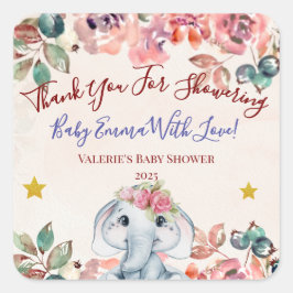 Pegatina Cuadrada Elephant Baby Shower Thank you sticker