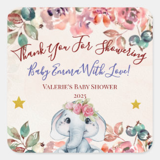 Pegatina Cuadrada Elephant Baby Shower Thank you sticker