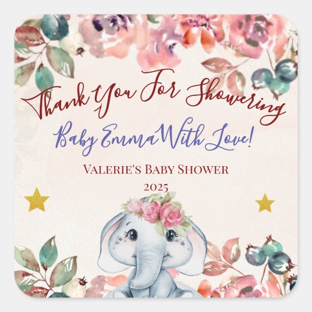 Pegatina Cuadrada Elephant Baby Shower Thank you sticker (Anverso)