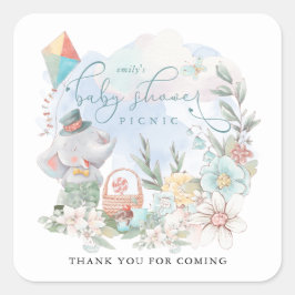 Pegatina Cuadrada Elephant Boy Baby Shower Picnic Florals Gracias