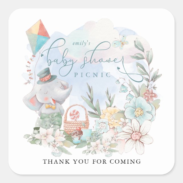Pegatina Cuadrada Elephant Boy Baby Shower Picnic Florals Gracias (Anverso)