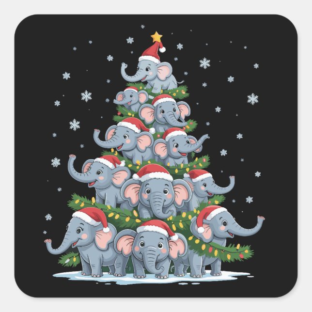 Pegatina Cuadrada Elephant Christmas Tree Funny Cute Elephant (Anverso)