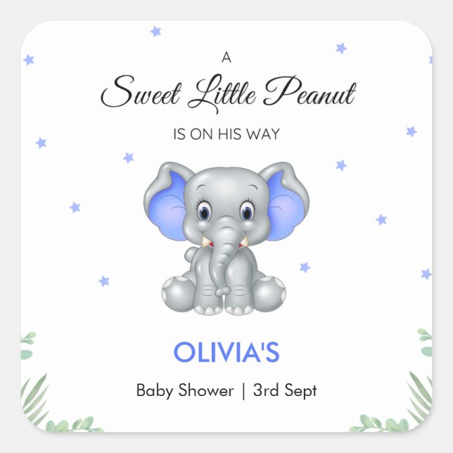Pegatina Cuadrada Elephant Sweet Little Peanut Boy Baby Shower (Anverso)