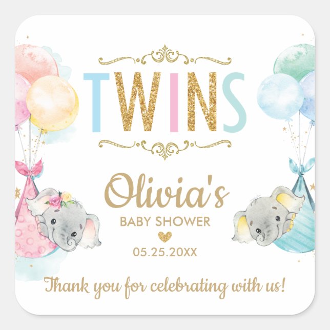 Pegatina Cuadrada Elephant Twin Boy Chica Baby Shower Gracias (Anverso)