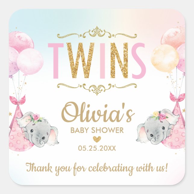 Pegatina Cuadrada Elephant Twin Chicas Baby Shower Gracias (Anverso)