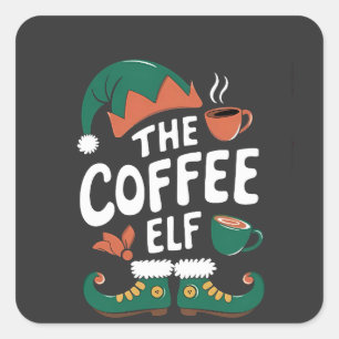 Pegatina Cuadrada Elf Coffeine Lover Navidades divertidos