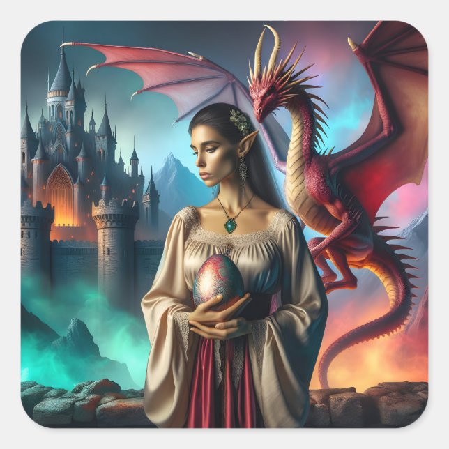 Pegatina Cuadrada Elf con huevo de dragón (Anverso)