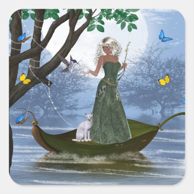 Pegatina Cuadrada Elf con un gato blanco montando en una hoja de Peg (Anverso)