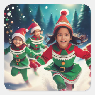 Pegatina Cuadrada Elf Kids Running in the Snow