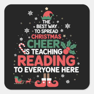 Pegatina Cuadrada Elfo de Navidad del maestro de lectura alegría de 